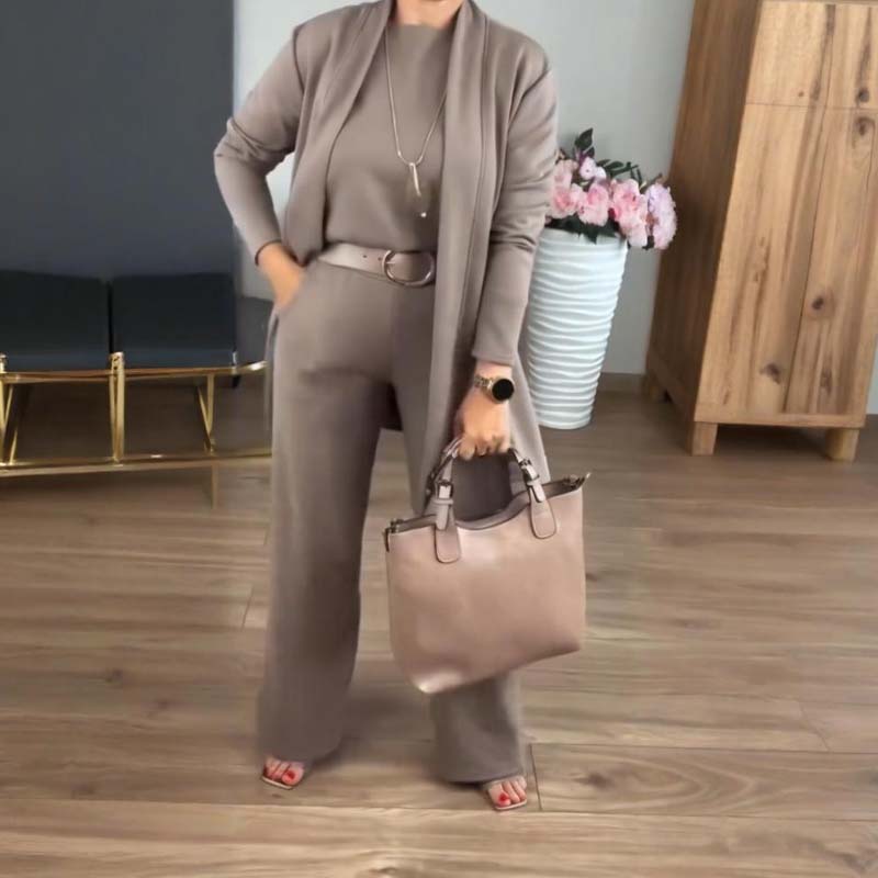 Monika | Stylowy trzyczęściowy komplet z kardiganem, topem i spodniami