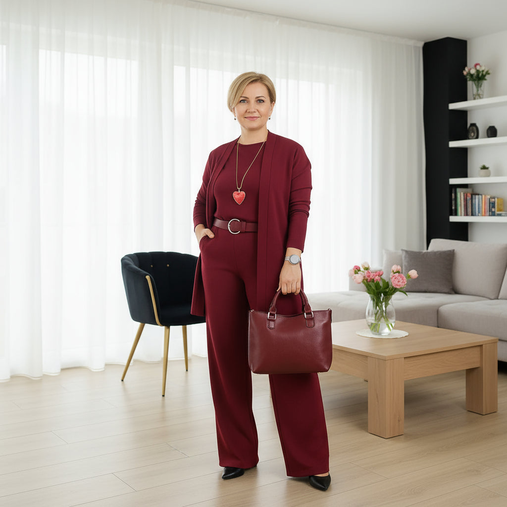 Monika | Stylowy trzyczęściowy komplet z kardiganem, topem i spodniami
