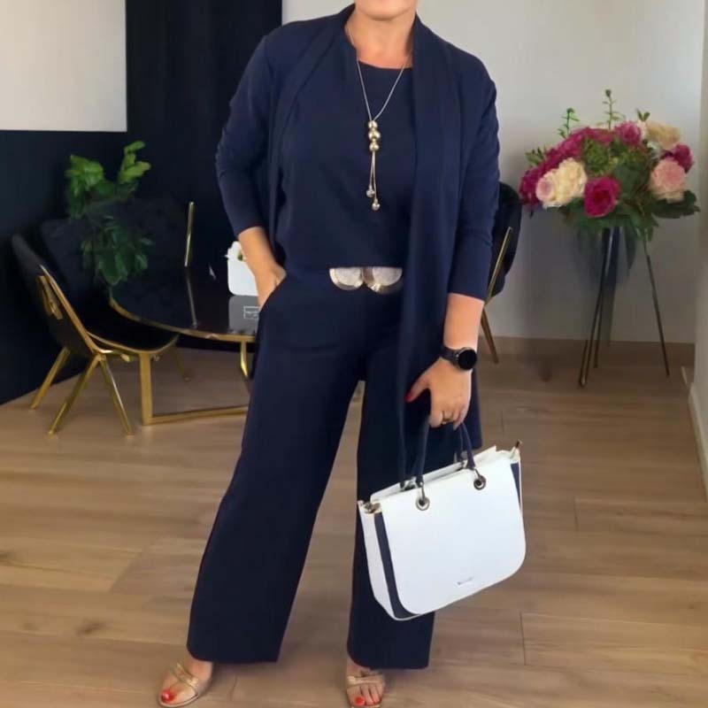 Monika | Stylowy trzyczęściowy komplet z kardiganem, topem i spodniami
